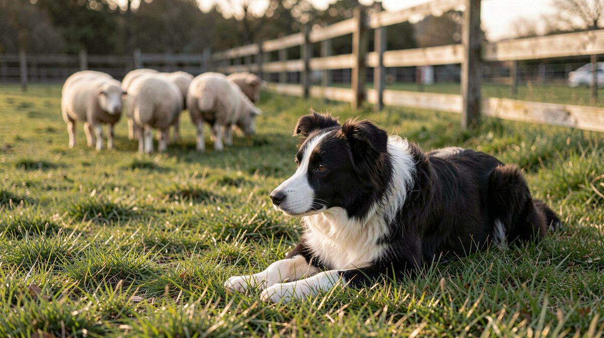 A Border Collie lying flat in short grass at the edge of a fenced paddock, eyes fixed on a small group of sheep, low afternoon light from the left, medium shot with the fence line running out of frame.