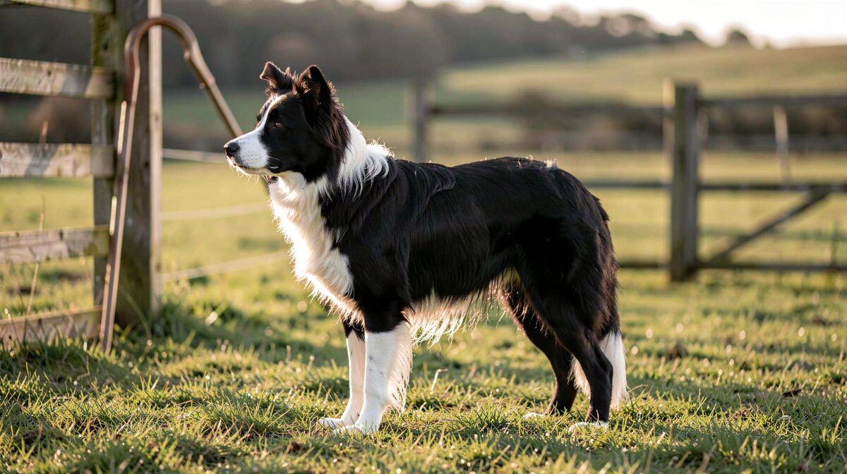 A Border Collie standing in profile on a clipped pasture at low morning sun, its black and white coat and white blaze clearly lit, with a wooden crook resting against a gate post in the soft background.