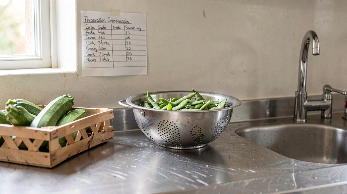 A stainless steel kitchen counter in daylight, with a crate of courgettes at one end, a colander of broad beans in the middle, and a handwritten preservation schedule taped to the wall above the sink.