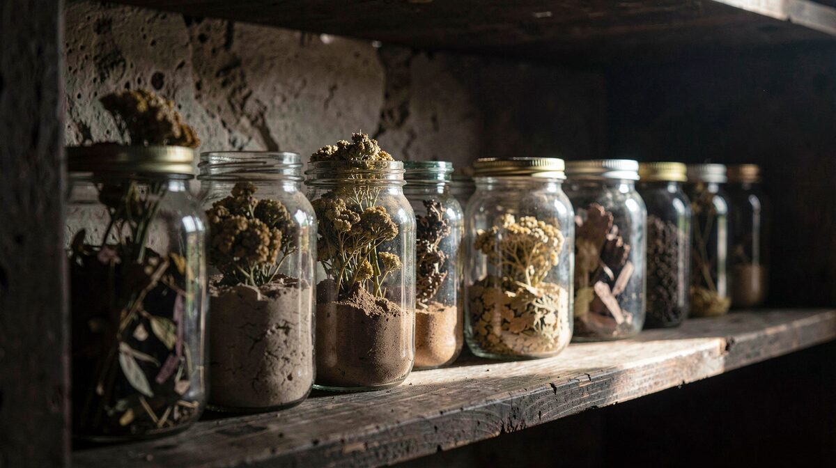 A row of small glass jars on a dark cellar shelf, each holding dried yarrow flowers or powdered oak bark, lit from the side by a single shaft of daylight.