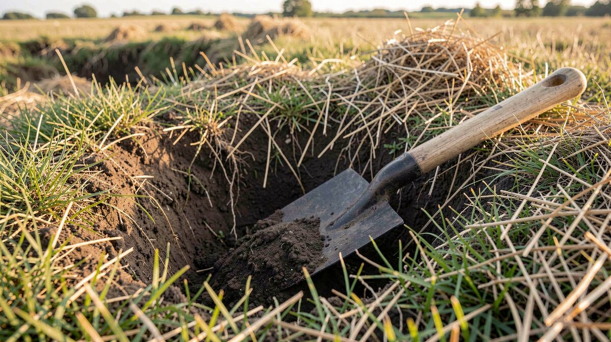 A spade of dark silt loam resting on the grass beside a freshly dug soil pit in a New England hayfield, morning light from the left, roots visible in the exposed face, medium close framing.